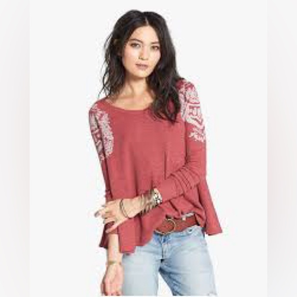 We The Free Waffle Knit Print Thermal Pullover Top